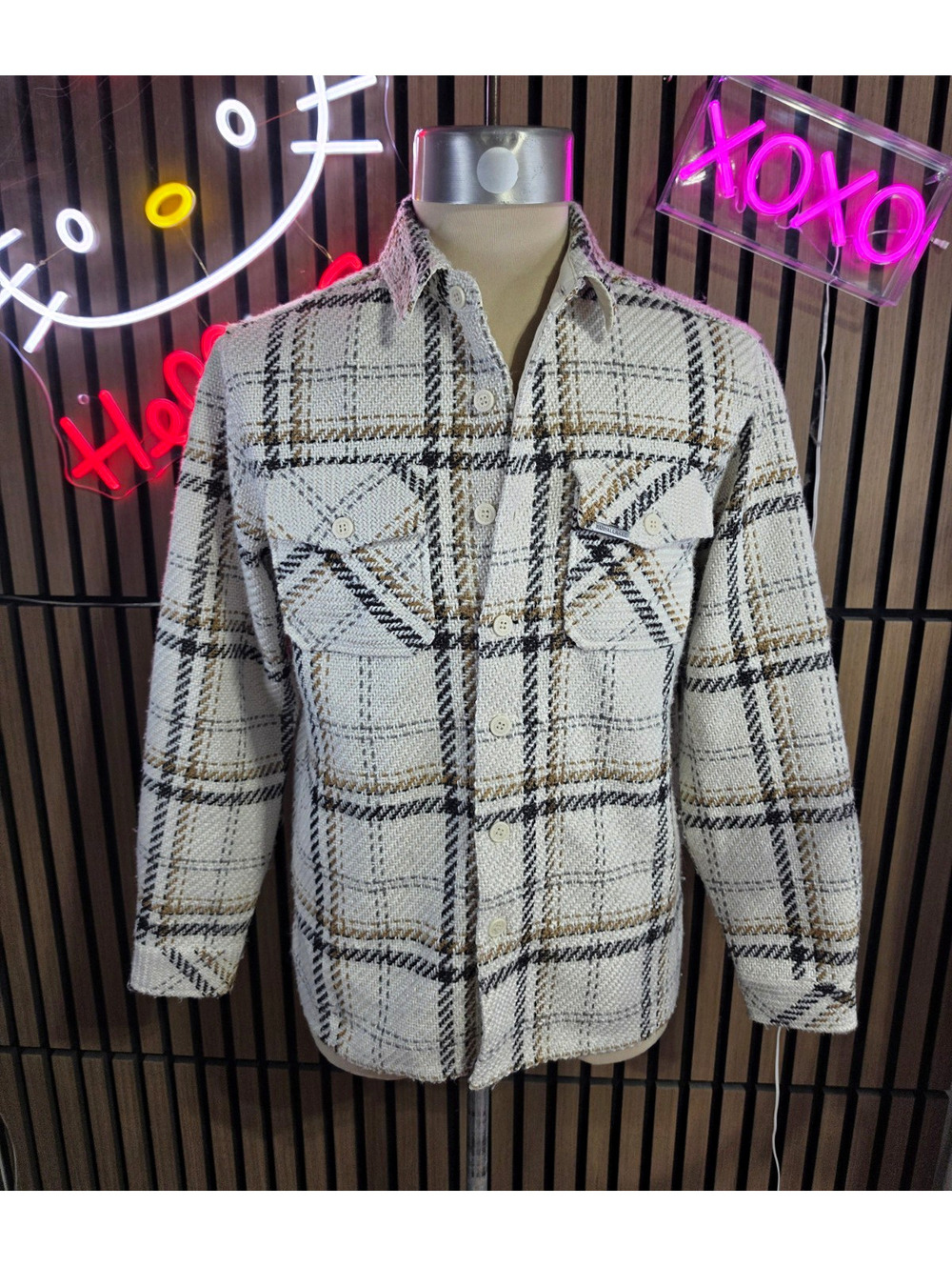 Kuwalla Tee Men's S Ivory/Black/Brown Plaid Tweed Wool Blend Button-Up Pockets